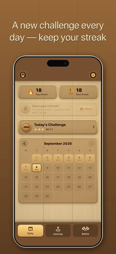 FourFold daily challenge calendar with a streak counter